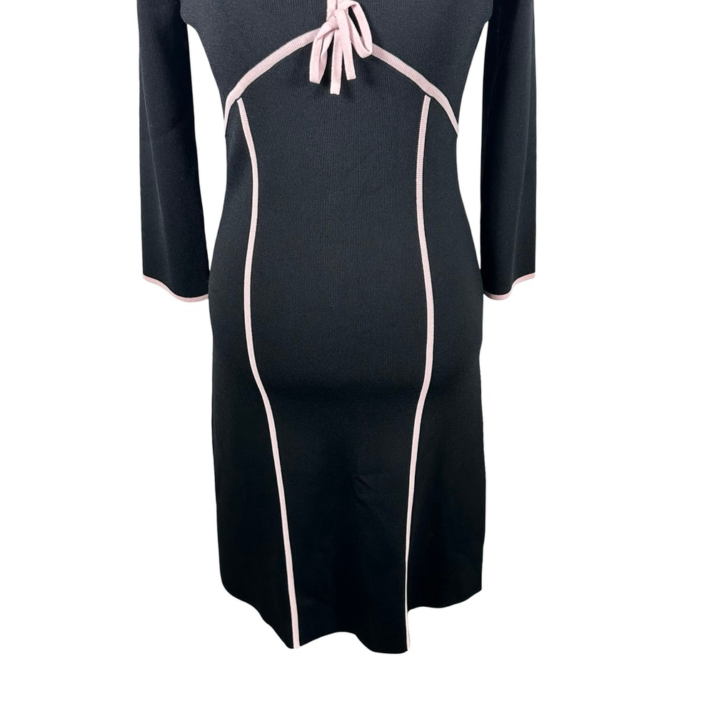 BCBGMaxazria Black Sheath Bodycon Dress Pink Bow V-Neck Empire Waist size M Y2K - Picture 5 of 11